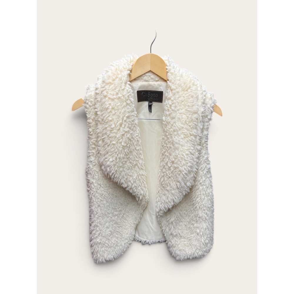 Ci Sono by Cavalini Faux Fur Vest Cream White Small Open Front Shawl Collar